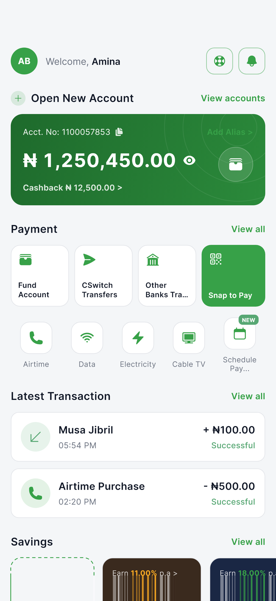 The CSwitchPay home screen